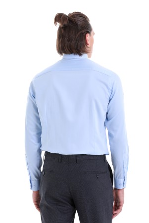 Mavi Comfort Fit Düz 100% Pamuk Düğmeli Yaka Uzun Kollu Saten Gömlek - Thumbnail