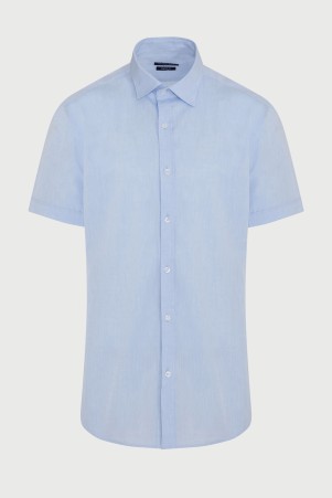 Mavi Comfort Fit Düz 100% Pamuk Slim Yaka Kısa Kol Klasik Gömlek - Thumbnail