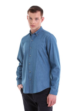 Mavi Comfort Fit Düz 100% Pamuklu Düğmeli Yaka Uzun Kollu Klasik Gömlek - Thumbnail