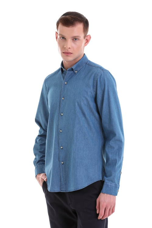 Hatem Saykı - Mavi Comfort Fit Düz 100% Pamuklu Düğmeli Yaka Uzun Kollu Klasik Gömlek