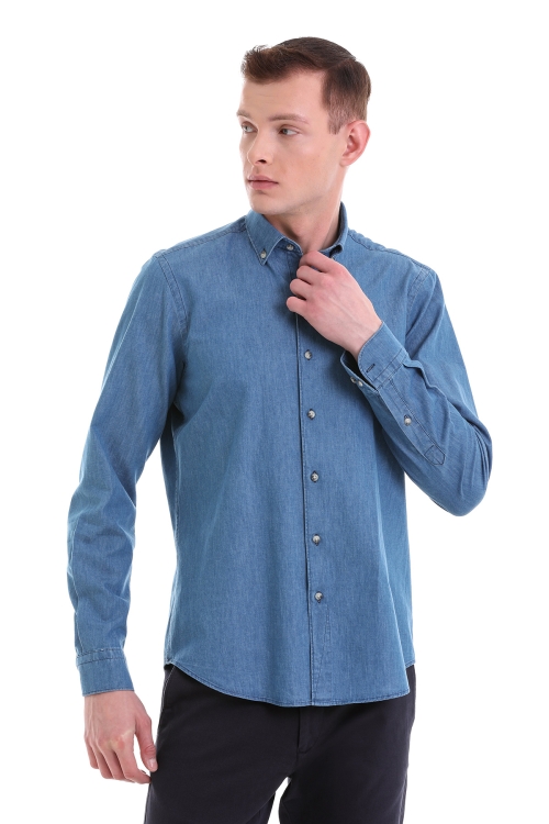 Mavi Comfort Fit Düz 100% Pamuklu Düğmeli Yaka Uzun Kollu Klasik Gömlek - Thumbnail (3)