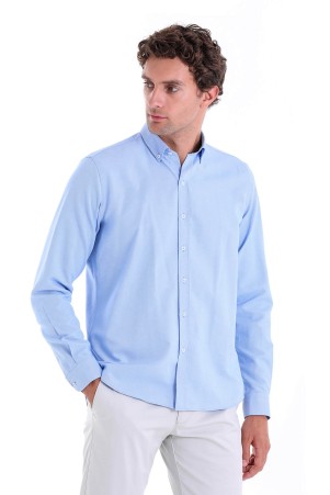 Mavi Comfort Fit Düz Düğmeli Yaka Uzun Kollu Casual Oxford Gömlek - Thumbnail