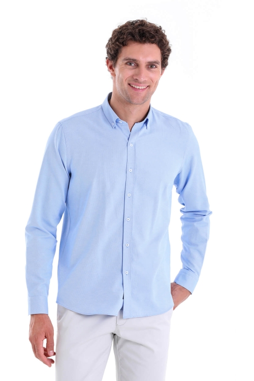 Mavi Comfort Fit Düz Düğmeli Yaka Uzun Kollu Casual Oxford Gömlek - Thumbnail (1)