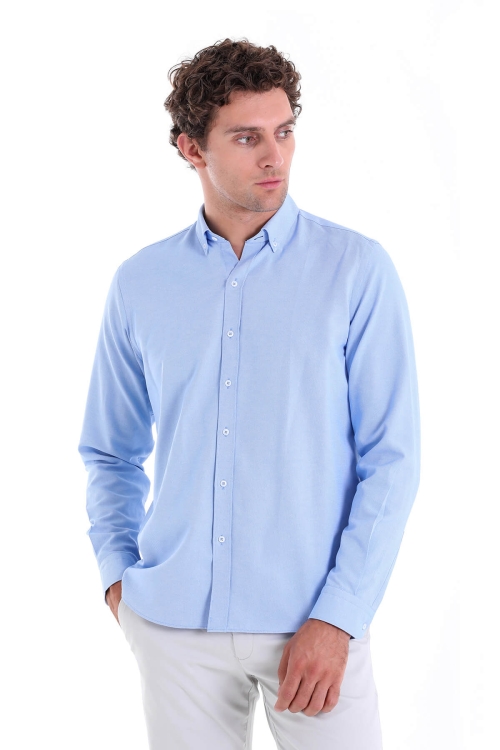 Mavi Comfort Fit Düz Düğmeli Yaka Uzun Kollu Casual Oxford Gömlek - Thumbnail (2)