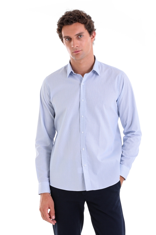 Hatem Saykı - Mavi Comfort Fit Kareli 100% Pamuk Slim Yaka Uzun Kollu Casual Gömlek