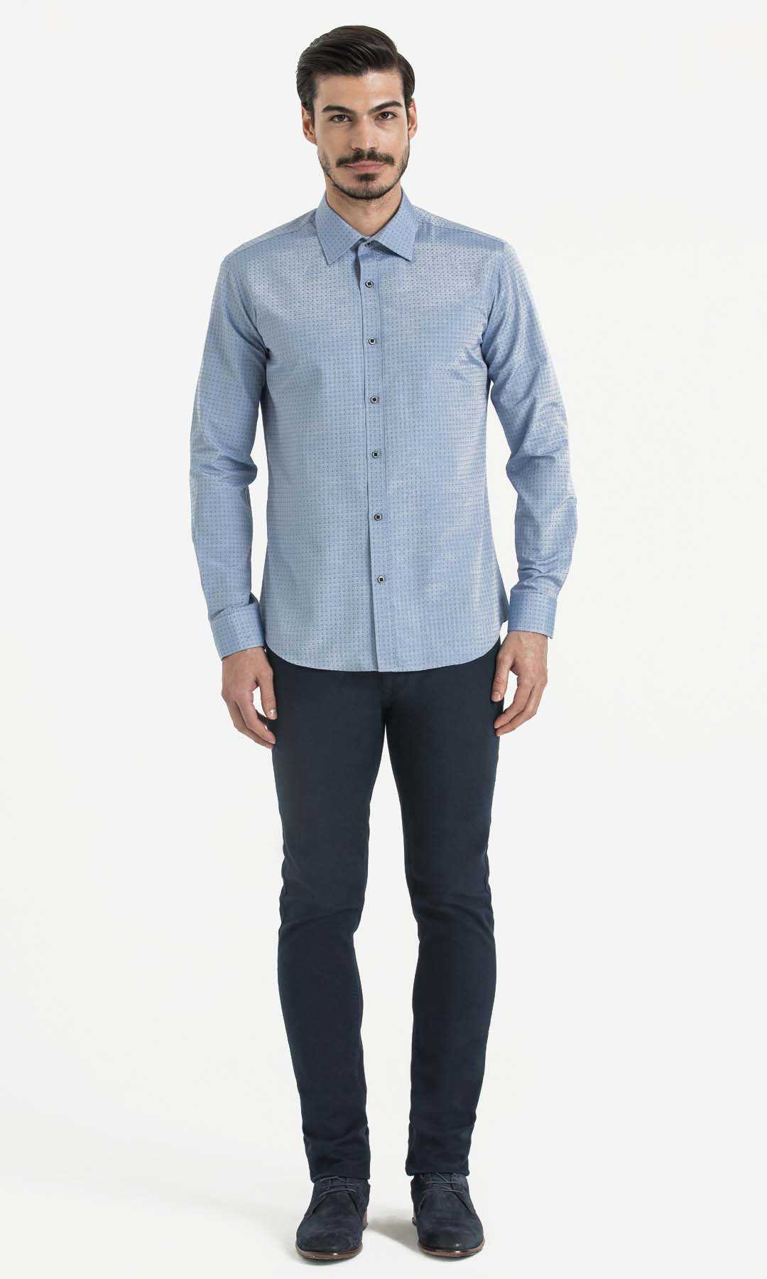 Desenli Slim Fit Mavi Gömlek - 2