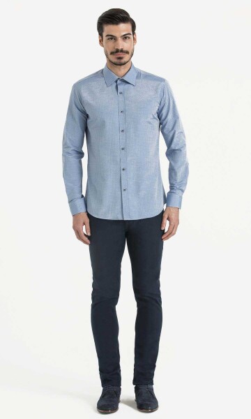 Desenli Slim Fit Mavi Gömlek - 2