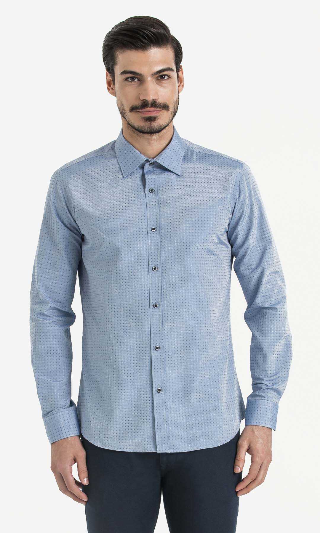 Desenli Slim Fit Mavi Gömlek - 1