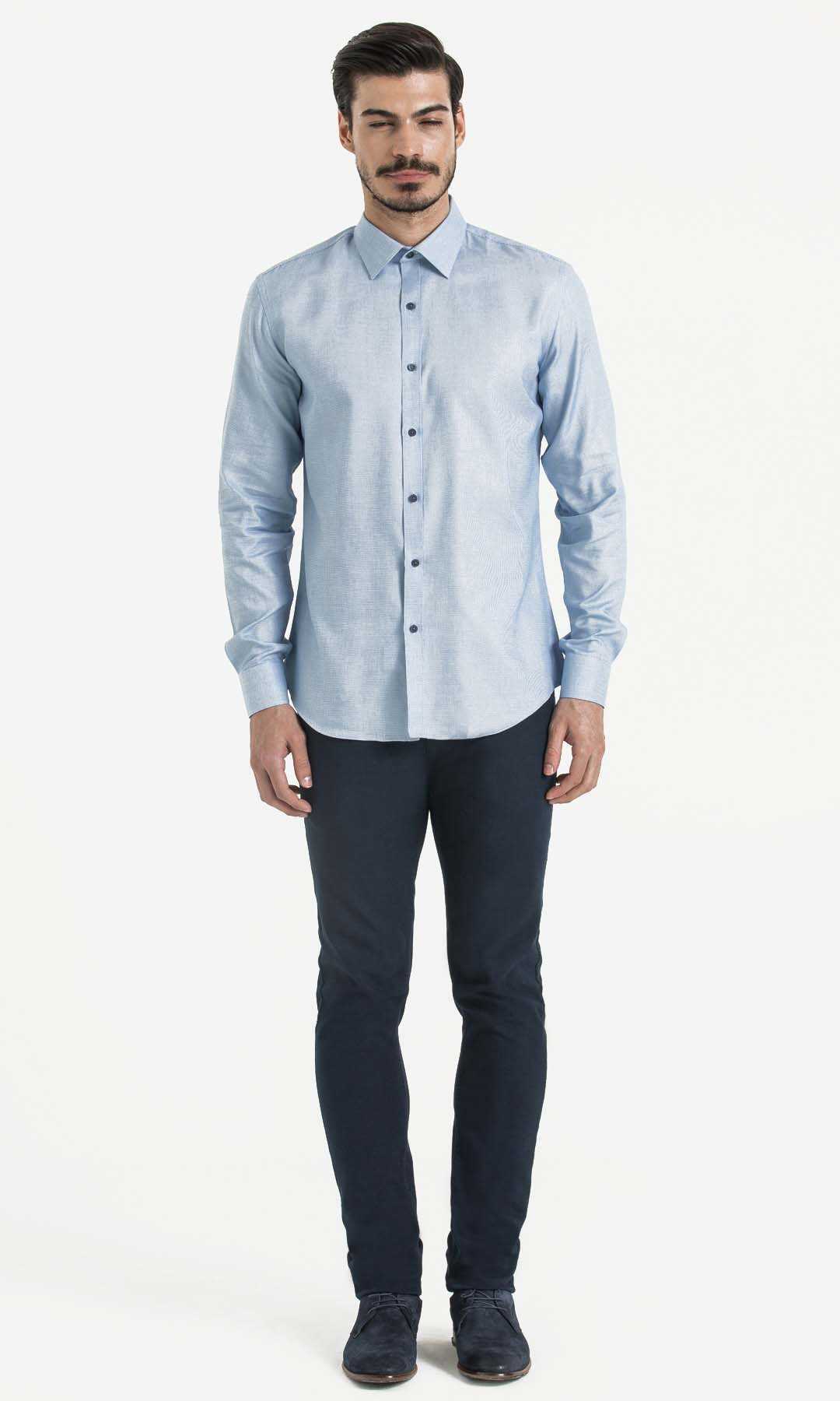 Desenli Slim Fit Mavi Gömlek - 2