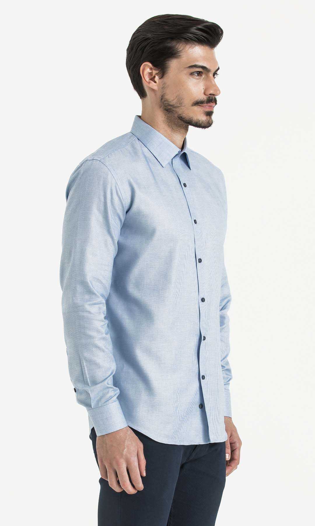 Desenli Slim Fit Mavi Gömlek - 3