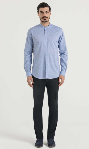 Desenli Slim Fit Mavi Gömlek - 2