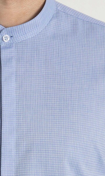 Desenli Slim Fit Mavi Gömlek - Thumbnail