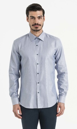 Desenli Slim Fit Mavi Gömlek - Thumbnail