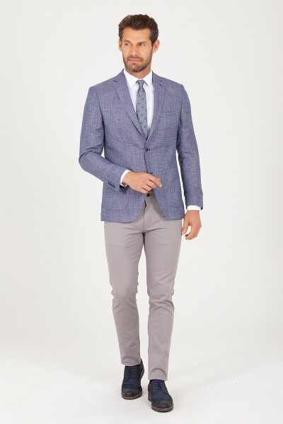 Mavi Slim Fit Desenli Keten Ceket - Thumbnail