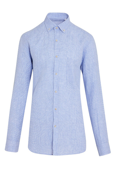 Mavi Desenli Klasik Keten Gömlek - 1