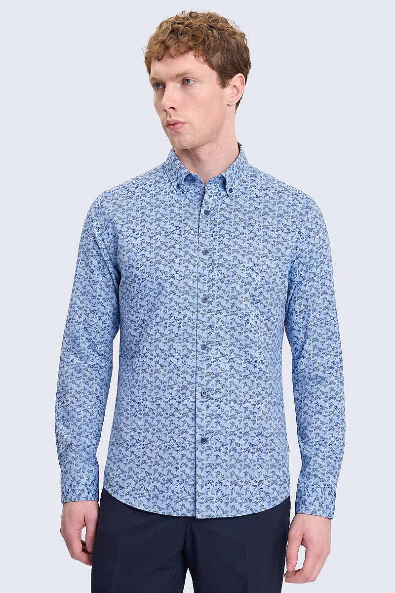 Lacivert Comfort Fit Baskılı 100% Pamuk Düğmeli Yaka Uzun Kollu Casual Gömlek