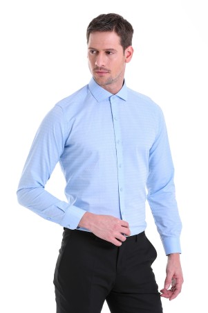 Mavi Slim Fit Desenli 100% Pamuk Açık İtalyan Yaka Uzun Kollu Klasik Gömlek - Thumbnail