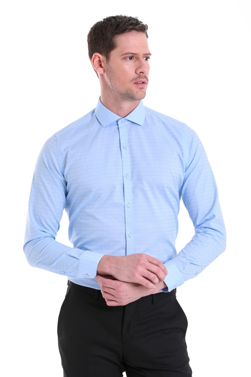 Mavi Slim Fit Desenli 100% Pamuk Açık İtalyan Yaka Uzun Kollu Klasik Gömlek - Thumbnail (2)