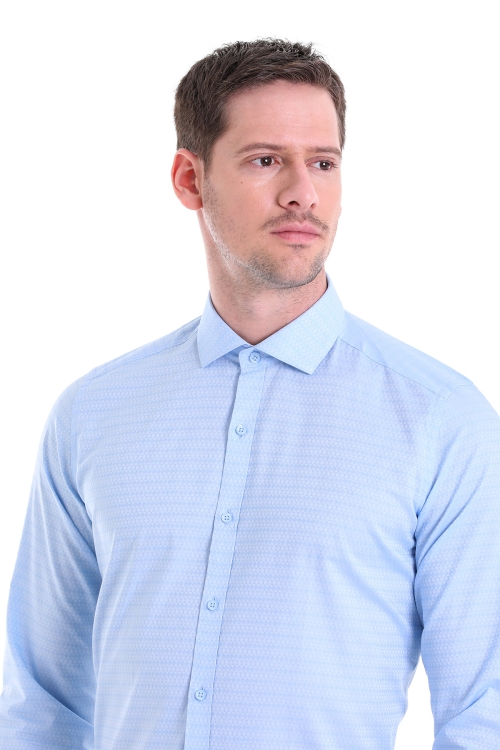 Mavi Slim Fit Desenli 100% Pamuk Açık İtalyan Yaka Uzun Kollu Klasik Gömlek - Thumbnail (3)