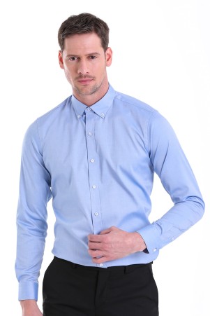 Mavi Comfort Fit Düz 100% Pamuk Düğmeli Yaka Uzun Kollu Casual Gömlek - Thumbnail