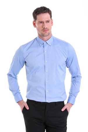 Mavi Comfort Fit Düz 100% Pamuk Düğmeli Yaka Uzun Kollu Casual Gömlek - Thumbnail