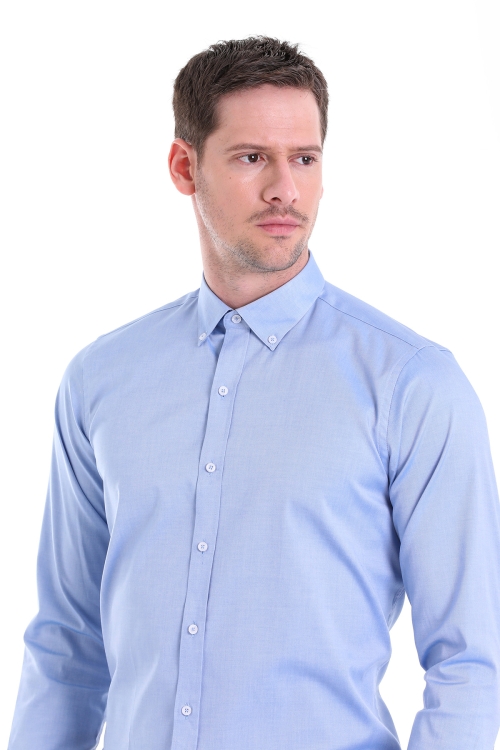 Mavi Comfort Fit Düz 100% Pamuk Düğmeli Yaka Uzun Kollu Casual Gömlek - Thumbnail (2)