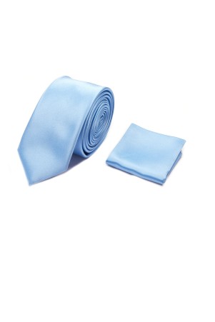 Mavi Düz İkili Saten Kravat Mendil Set - Thumbnail