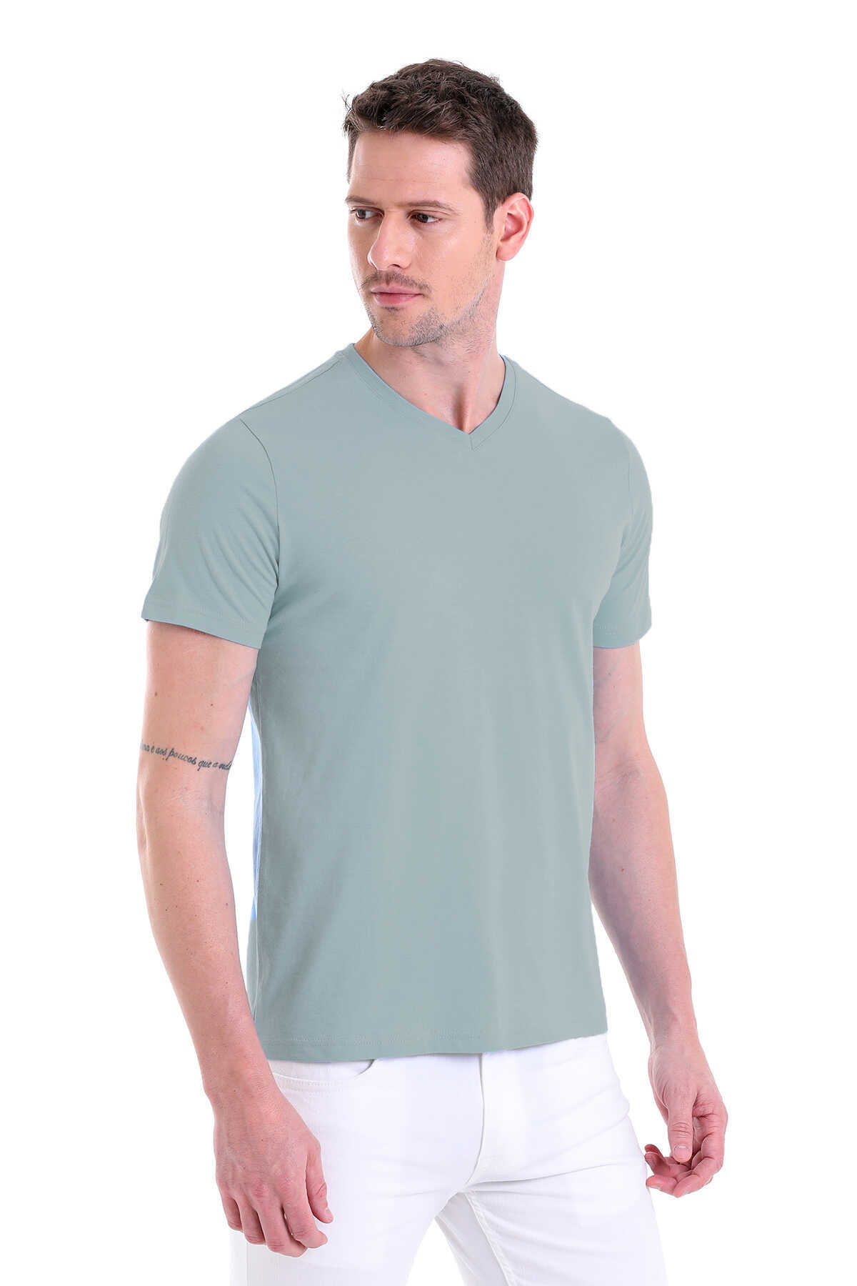 Mavi Regular Fit Düz 100% Pamuklu V Yaka Tişört - 3