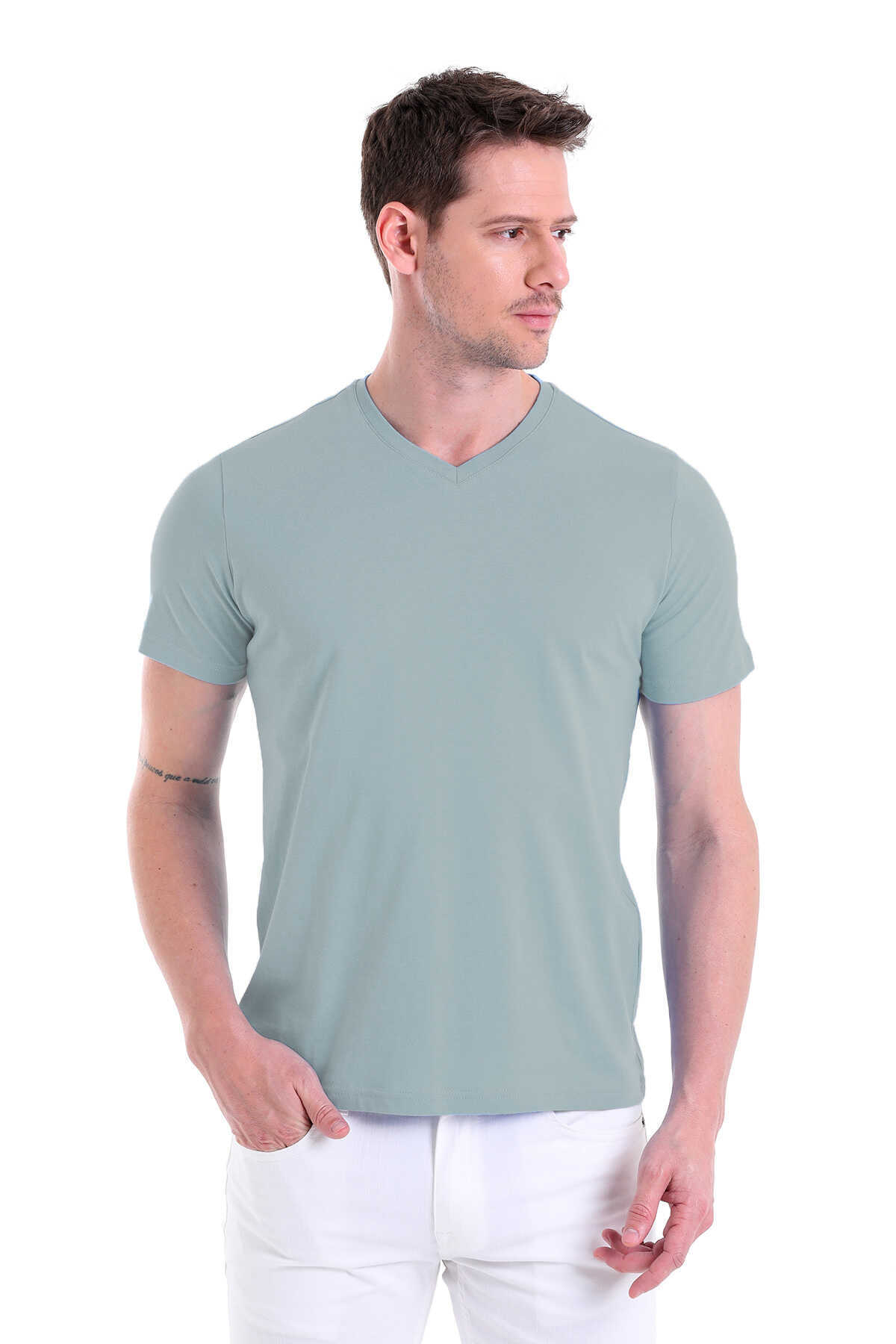 Mavi Regular Fit Düz 100% Pamuklu V Yaka Tişört - 4