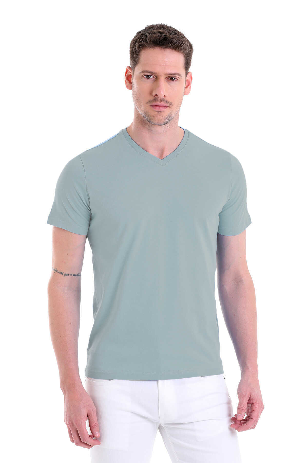 Mavi Regular Fit Düz 100% Pamuklu V Yaka Tişört - 1