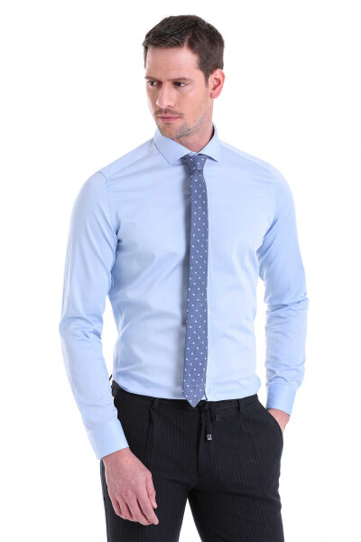 Mavi Slim Fit 100% Pamuk Açık İtalyan Yaka Uzun Kollu Klasik Saten Gömlek - 1