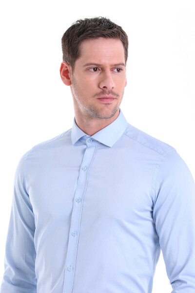 Mavi Slim Fit 100% Pamuk Açık İtalyan Yaka Uzun Kollu Klasik Saten Gömlek - 5