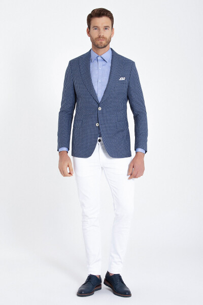 Mavi Kareli Slim Fit Ceket - Thumbnail