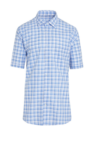 Mavi Kareli Kısa Kol Keten Gömlek - 1