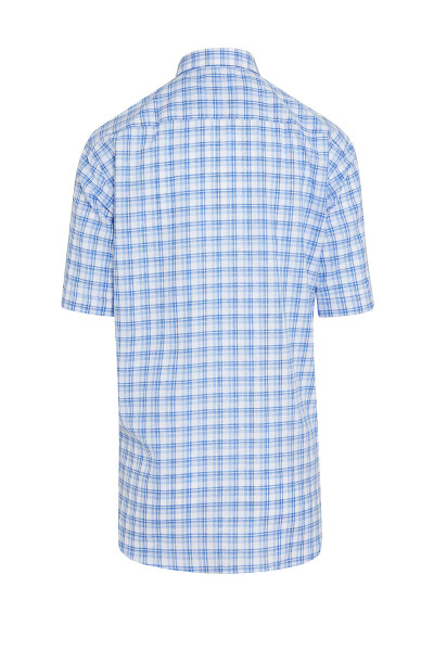 Mavi Kareli Kısa Kol Keten Gömlek - 2