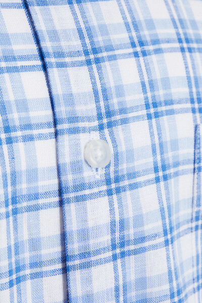 Mavi Kareli Kısa Kol Keten Gömlek - 3