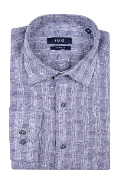 Mavi Kareli Klasik Keten Gömlek - 1