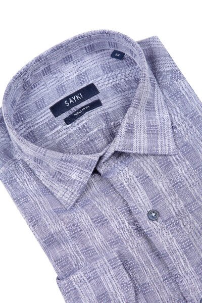 Mavi Kareli Klasik Keten Gömlek - 2