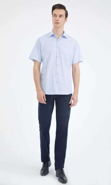 Mavi Kareli Klasik Kısa Kol Gömlek - 7