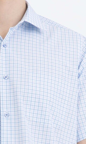 Mavi Kareli Klasik Kısa Kol Gömlek - 9