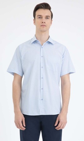 Mavi Kareli Klasik Kısa Kol Gömlek - 10