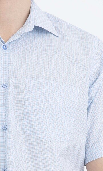 Mavi Kareli Klasik Kısa Kol Gömlek - 4