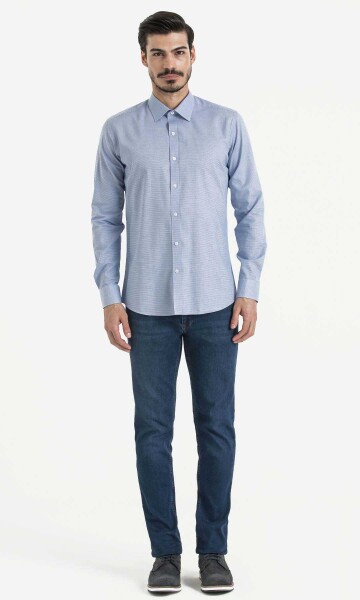 Mavi Kazayağı Desenli Slim Fit Gömlek - 2