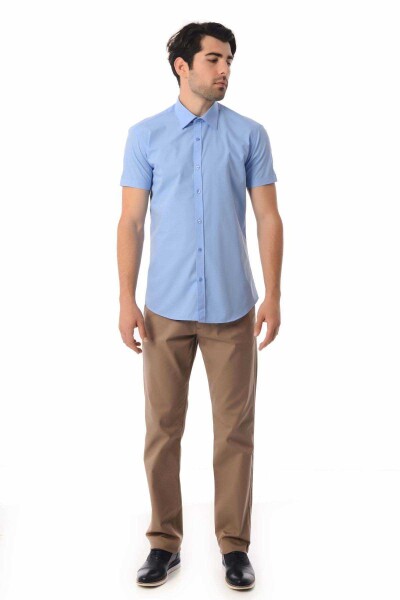 Mavi Kısa Kol Slim Fit Gömlek - 3