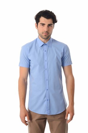 Mavi Kısa Kol Slim Fit Gömlek - 9