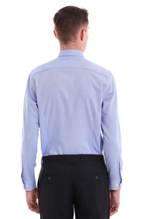 Mavi Klasik Fit Desenli %100 Pamuklu Slim Yaka Uzun Kollu Klasik Gömlek - Thumbnail