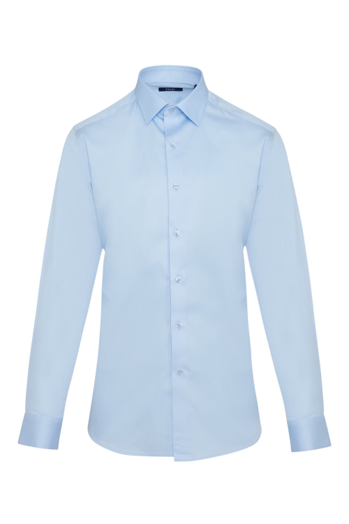 Hatem Saykı - Mavi Klasik Fit Düz 100% Pamuk Slim Yaka Uzun Kollu Klasik Saten Gömlek