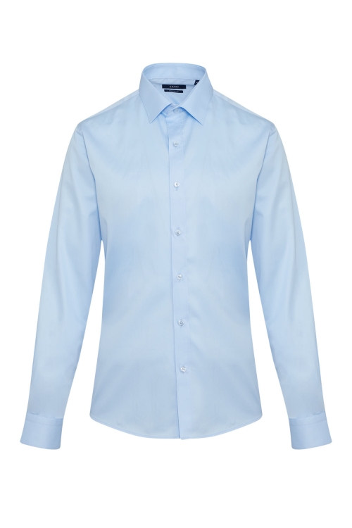 Hatem Saykı - Mavi Comfort Fit Düz 100% Pamuk Slim Yaka Uzun Kollu Klasik Saten Gömlek