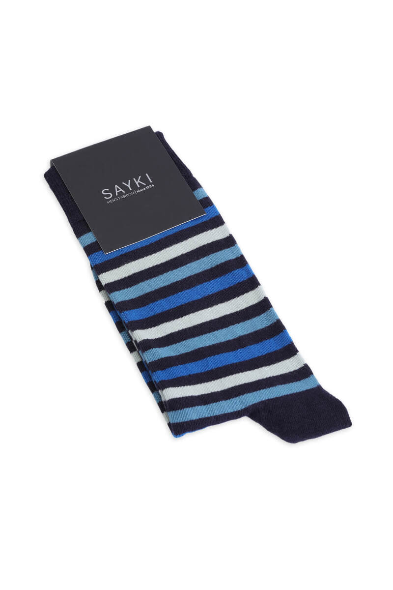 Mavi Pamuklu Çizgili Soket Çorap - HATEM SAYKI