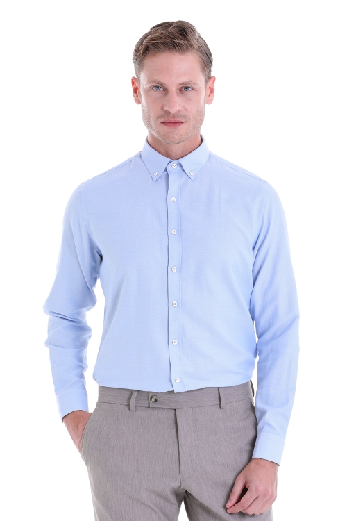 HTML - Mavi Comfort Fit Düz Pamuklu Düğmeli Yaka Uzun Kollu Casual Gömlek